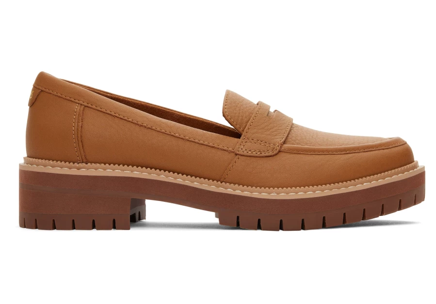 TOMS Cara Tan Leather Loafer Shoes for Men & Women - Comfortable Slip-On Driving Moccasins