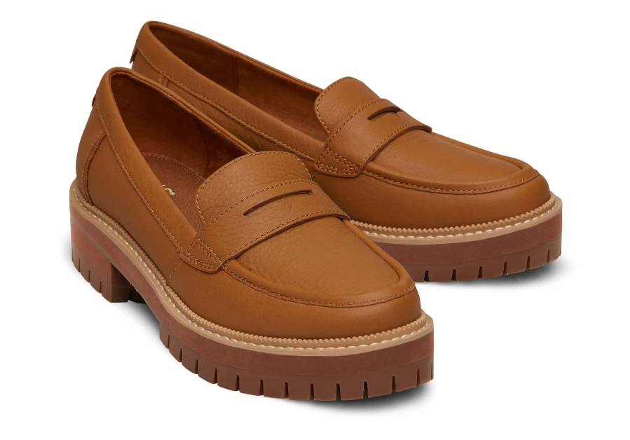 TOMS Cara Tan Leather Loafer Shoes for Men & Women - Comfortable Slip-On Driving Moccasins