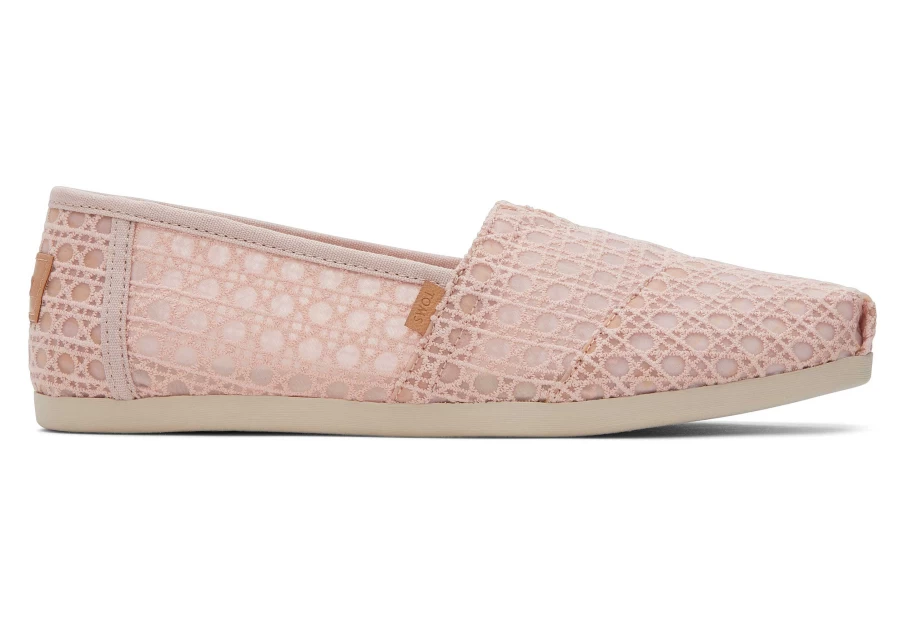 TOMS Women's Alpargata Slip-On Shoes in Lace Ballet Pink with Basket Weave Design
