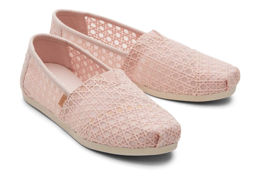TOMS Women's Alpargata Slip-On Shoes in Lace Ballet Pink with Basket Weave Design