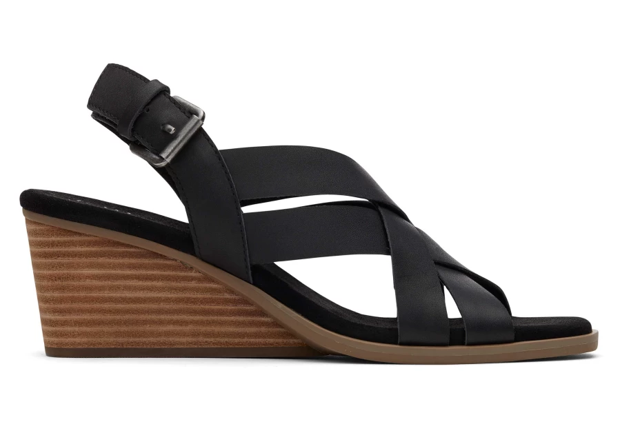 TOMS Gracie Black Leather Wedge Sandals for Women - Comfortable Leather Wedge Heel Shoes