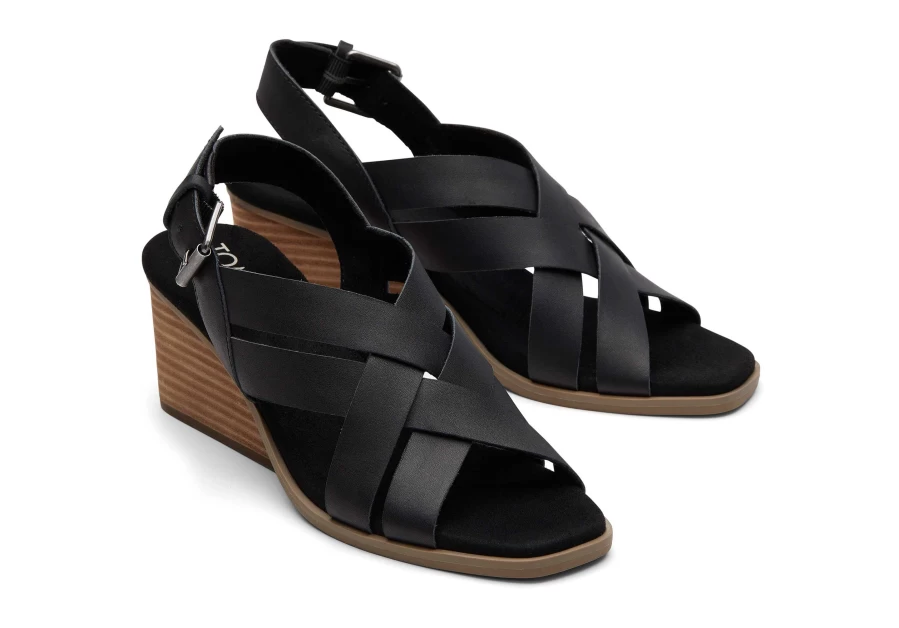TOMS Gracie Black Leather Wedge Sandals for Women - Comfortable Leather Wedge Heel Shoes