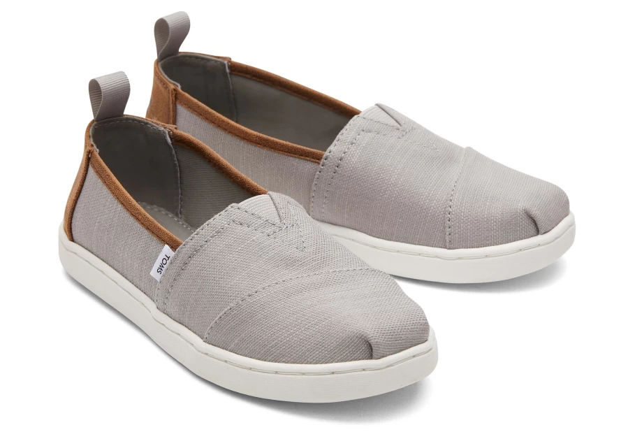 TOMS Youth Alpargata Kids Shoes - Drizzle Grey with Dark Brown Trim, Recycled Cotton Eco-Friendly