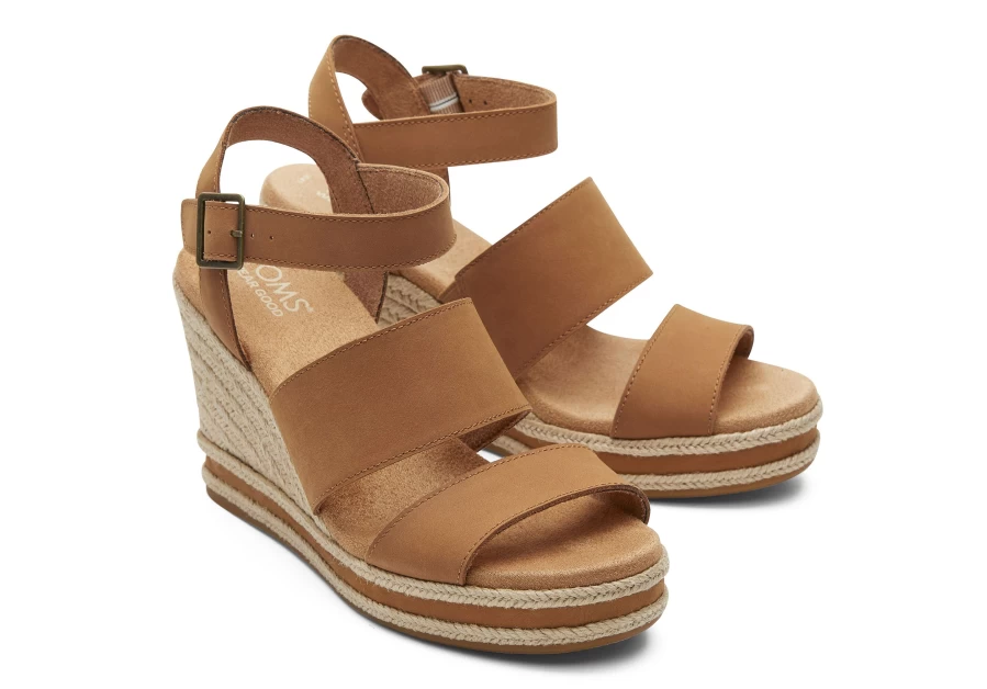 TOMS Madelyn Tan Leather Wedge Sandal - Comfortable Leather Tan Women's Shoes