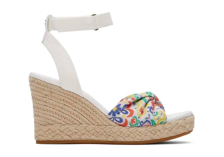 TOMS Marisela Wedge Sandal in White Mediterranean Tiles Jacquard - Comfortable Women's Espadrille Wedges