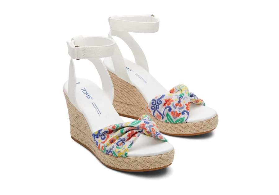 TOMS Marisela Wedge Sandal in White Mediterranean Tiles Jacquard - Comfortable Women's Espadrille Wedges