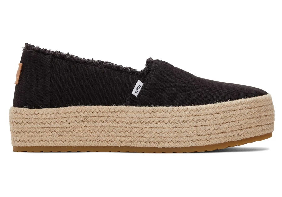 TOMS Valencia Platform Espadrille in Black Canvas | Comfortable Wedge Sandals for Women