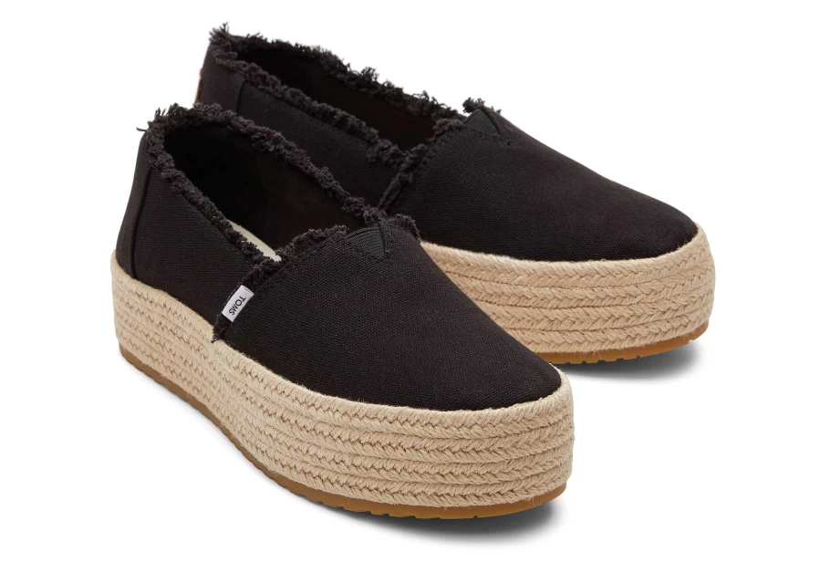 TOMS Valencia Platform Espadrille in Black Canvas | Comfortable Wedge Sandals for Women